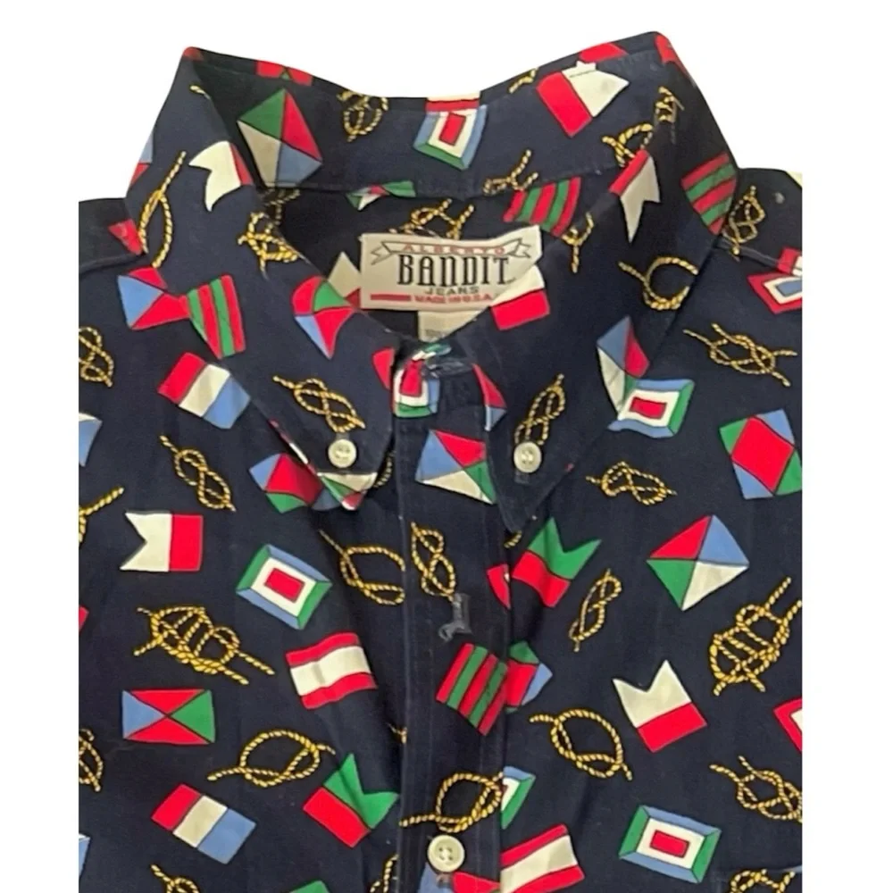 Men's Vintage Nautical Print Button Down Shirt Blue Multi